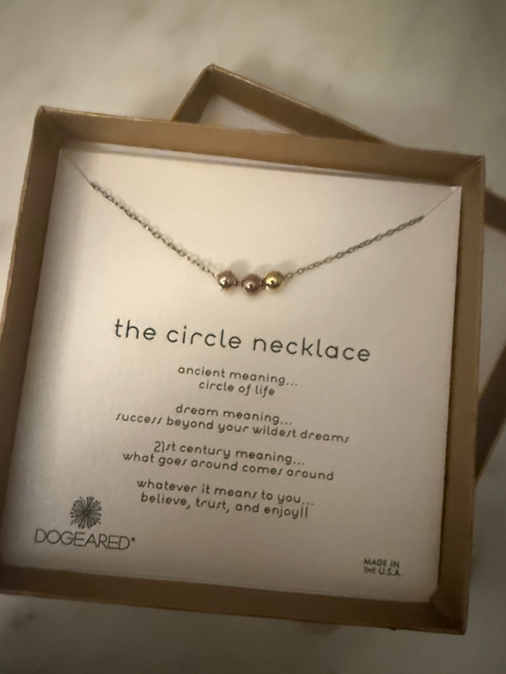 Dogeared Tri-Tone Circle Necklace — Silver Chain with Rose Gold & Gold Beads